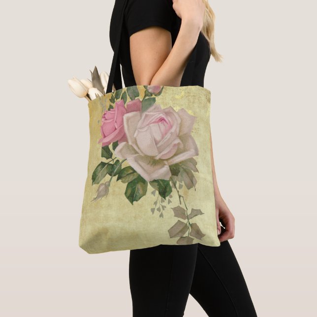 Vintage Roses on Gold Tote Bag (Close Up)
