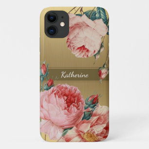 Vintage Roses on Gold with Name Monogram Case-Mate iPhone Case