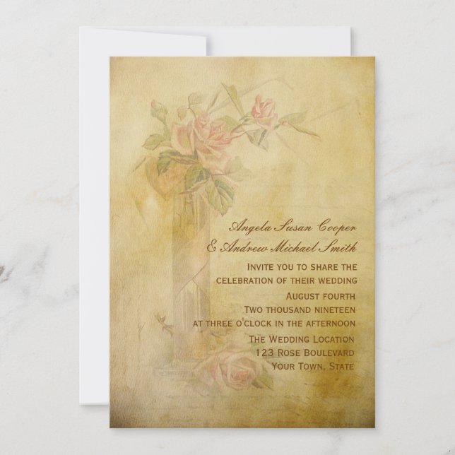 Vintage Roses Parchment Wedding Invitation (Front)