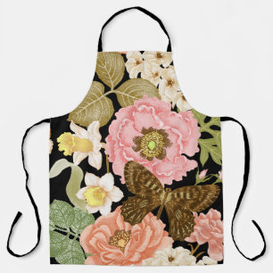 Vintage Roses Peonies: Black Floral Pattern Apron