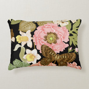Vintage Roses Peonies: Black Floral Pattern Decorative Cushion