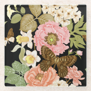 Vintage Roses Peonies: Black Floral Pattern Glass Coaster
