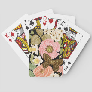 Vintage Roses Peonies: Black Floral Pattern Playing Cards