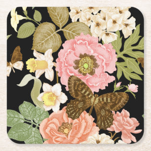 Vintage Roses Peonies: Black Floral Pattern Square Paper Coaster