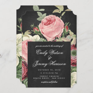 Vintage Roses Pink Chalkboard Wedding Invitation