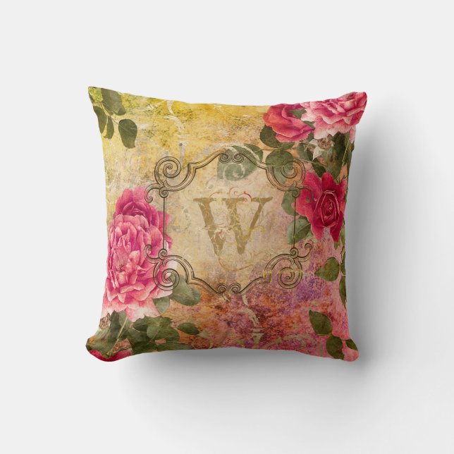 Vintage Roses Pink Floral Damask Monogrammed Cushion (Front)