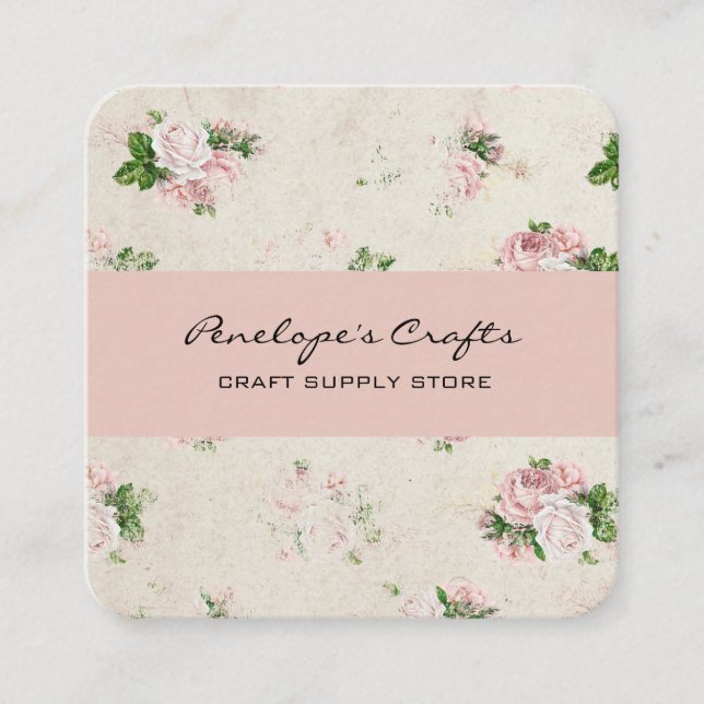 Vintage Roses Pink Floral Square Business Card (Front)