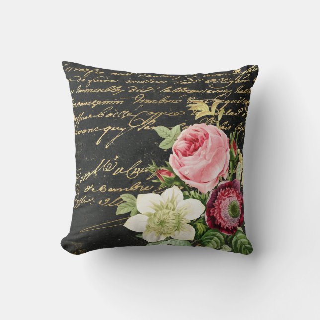 Vintage Roses Shabby Chic with Golden Script  Cushion (Front)