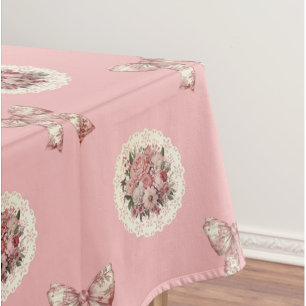 Vintage Roses Toile Bows Peachy Pink Tablecloth