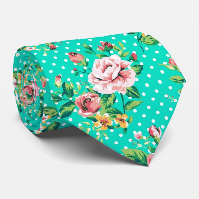 Vintage Roses White Polka Dots Tie (Rolled)