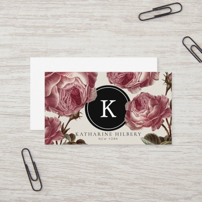 Vintage Roses with Black Monogram Business Card (Front/Back In Situ)