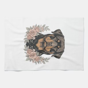 Vintage Rottweiler Floral Portrait Shirt Design_1 Tea Towel