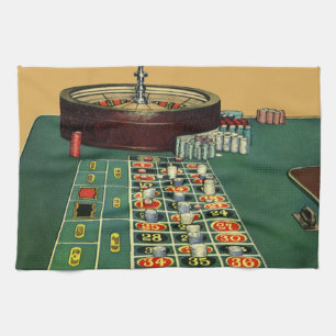 Vintage Roulette Table Casino Game, Gambling Chips Tea Towel