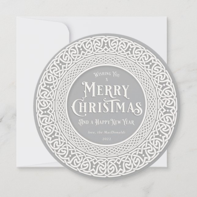 Vintage Round Grey + Off White Celtic Holiday Card (Front)