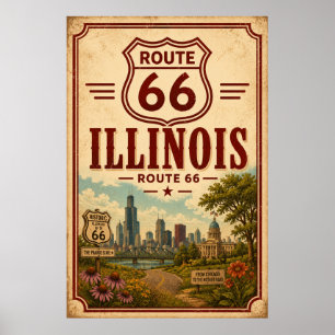 Vintage Route 66 Illinois Chicago Garden Art Poster