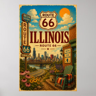 Vintage Route 66 Illinois Chicago Garden Travel Poster