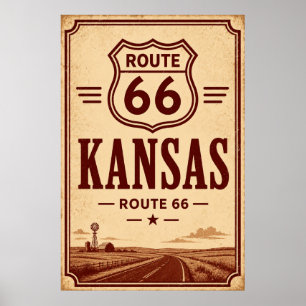 Vintage Route 66 Kansas Prairie Road Trip Art Poster