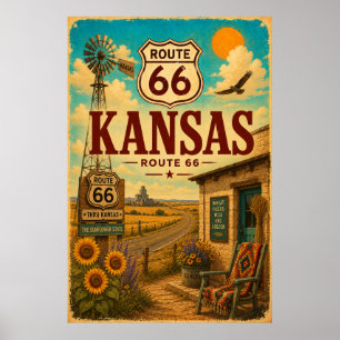 Vintage Route 66 Kansas Sunflower Travel Art Poster