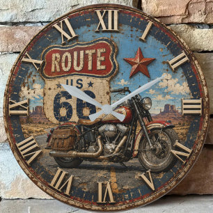 Vintage Route 66 Motorcycle Large Clock