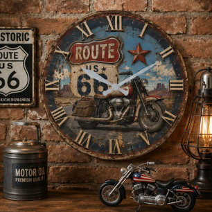 Vintage Route 66 Motorcycle Large Clock
