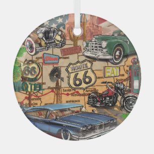 Vintage Route 66, nostalgic poster. Glass Tree Decoration
