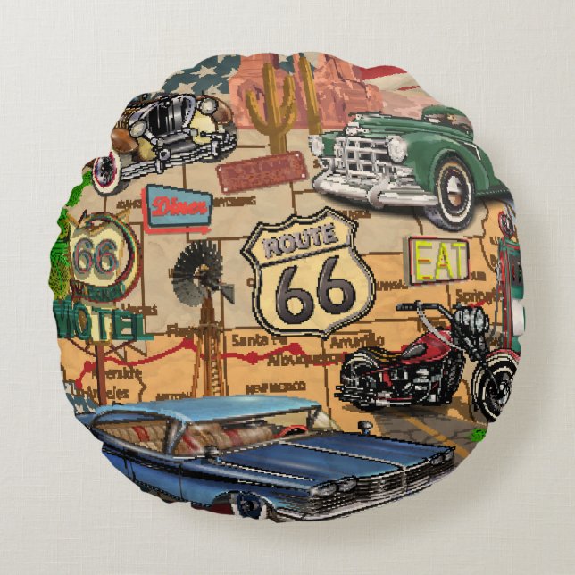 Vintage Route 66, nostalgic poster. Round Cushion (Front)