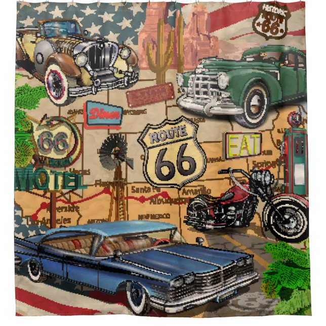 Vintage Route 66, nostalgic poster. Shower Curtain (Front)