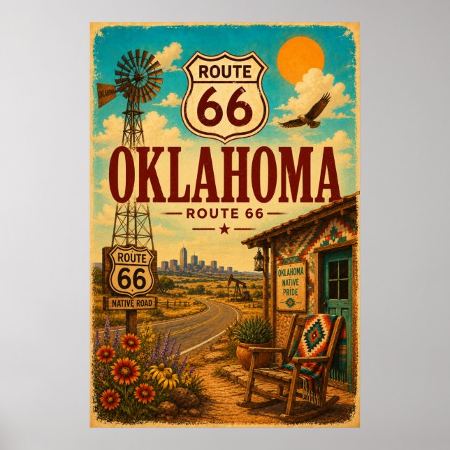 Vintage Route 66 Oklahoma Native Road Art Poster (Front)