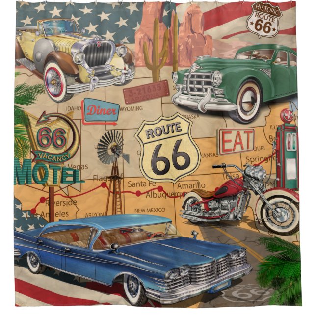 Vintage Route 66 poster. Shower Curtain (Front)