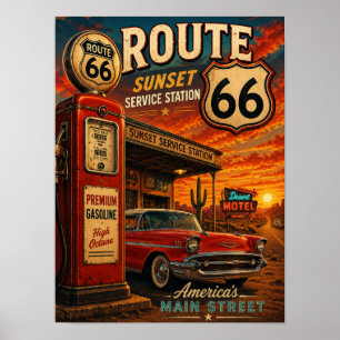 Vintage Route 66 Sunset Service Station Retro Poster