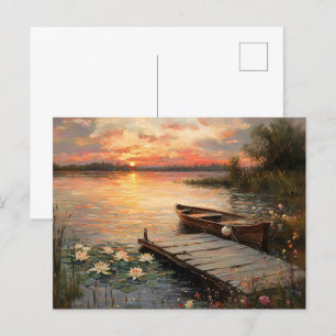 Vintage Rowboat at Sunset Lake Postcard