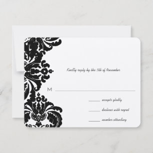 Vintage Royal Black Damask Wedding RSVP Card