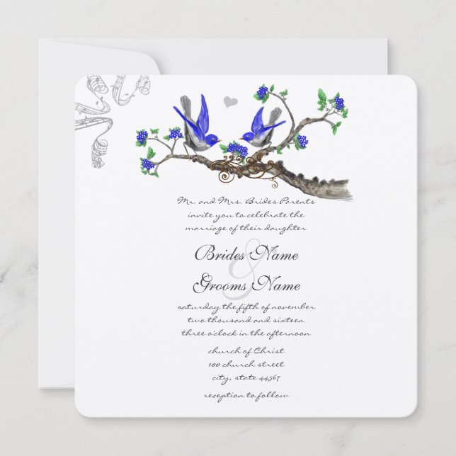 Vintage Royal Blue and Grey Wedding Invitations (Front)