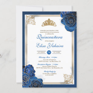 Vintage Royal Blue Gold Roses Royal Quinceanera Invitation