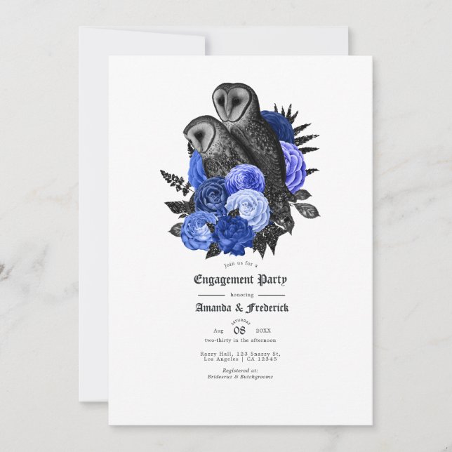 Vintage Royal Blue Owls Gothic Engagement Party Invitation (Front)
