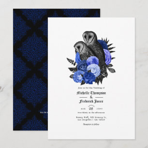 Vintage Royal Blue Owls Gothic Wedding QR Code Invitation