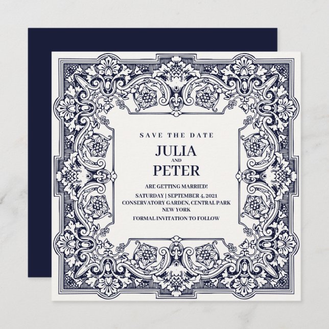 Vintage Royal Blue Save The Date Wedding Invitation (Front/Back)