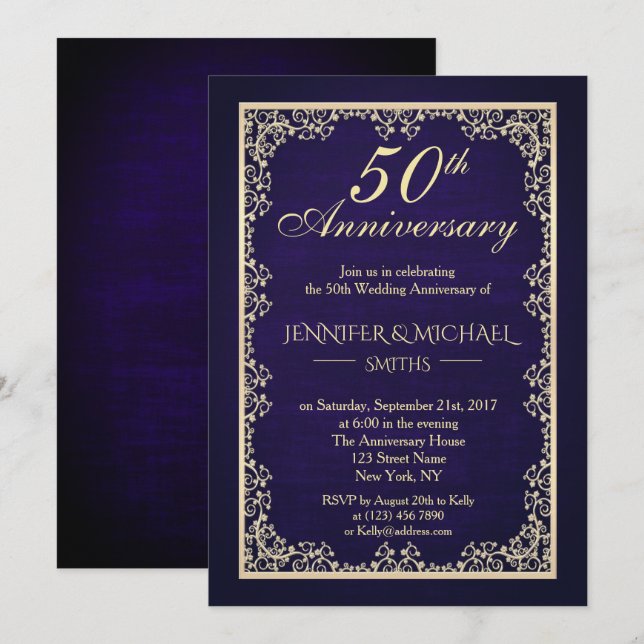 Vintage Royal Blue Wedding Anniversary Invite (Front/Back)
