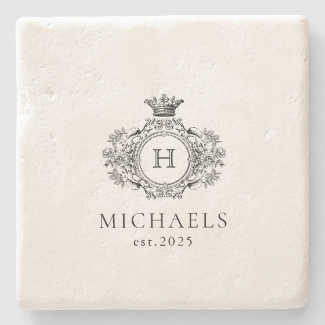 Vintage Royal Crest Monogram Wedding Stone Coaster (Front)