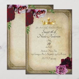 Vintage Royal Crown Dark Floral Sweet 16 Party Invitation