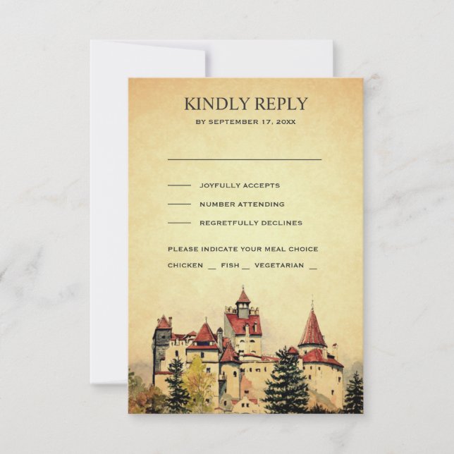 Vintage Royal Fairytale Castle Wedding RSVP Card (Front)
