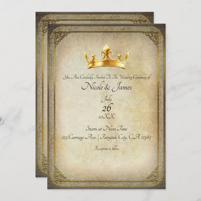 Vintage Royal Gold Crown Elegant Wedding Invitatio Invitation (Front/Back)