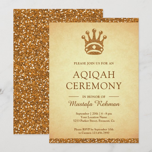 Vintage Royal Gold Crown Glitter Aqeeqah | Aqiqah Invitation (Front/Back)