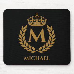 Vintage Royal King Golden Crown Name Initial Black Mouse Pad