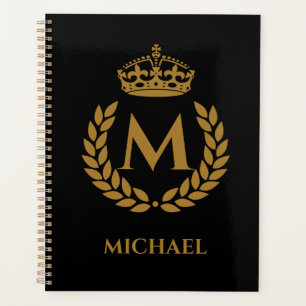 Vintage royal king golden crown name initial black planner