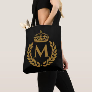 Vintage royal king golden crown name initial black tote bag