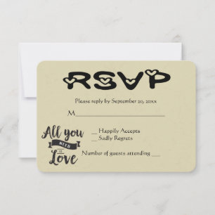 Vintage RSVP Tan & Black Wedding Love Hearts Card