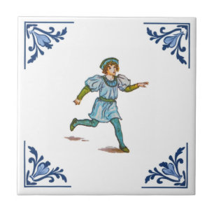 Vintage Running Boy Delft Corner Blue and White Tile