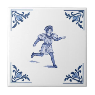 Vintage Running Boy Delft Corner Blue and White Tile