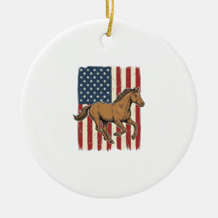 Vintage Running Horse Patriotic Flag Shirt Design_ Ceramic Tree Decoration